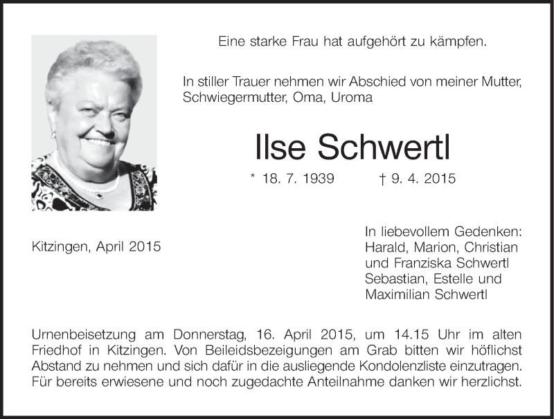  Traueranzeige für Ilse Schwertl vom 14.04.2015 aus MGO