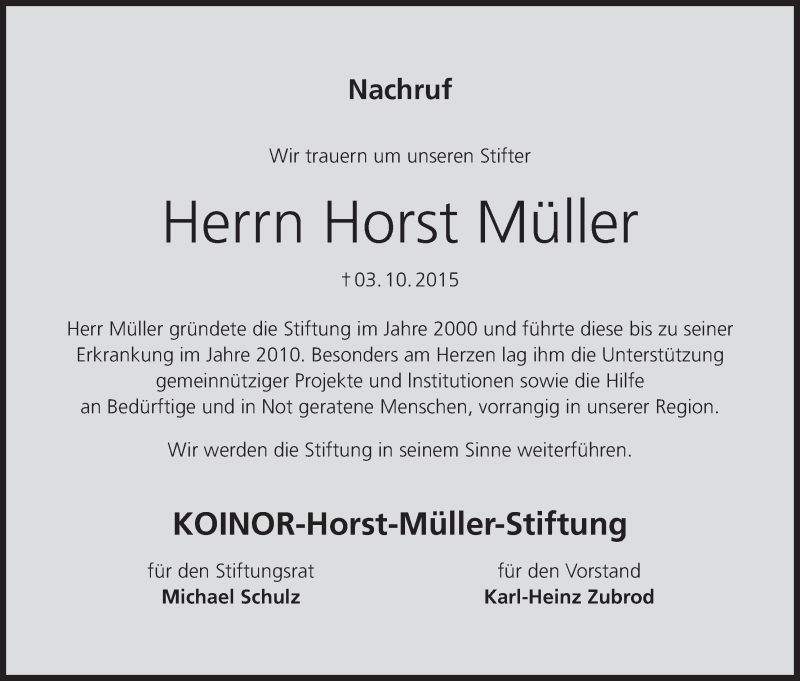  Traueranzeige für Horst Müller vom 24.10.2015 aus MGO