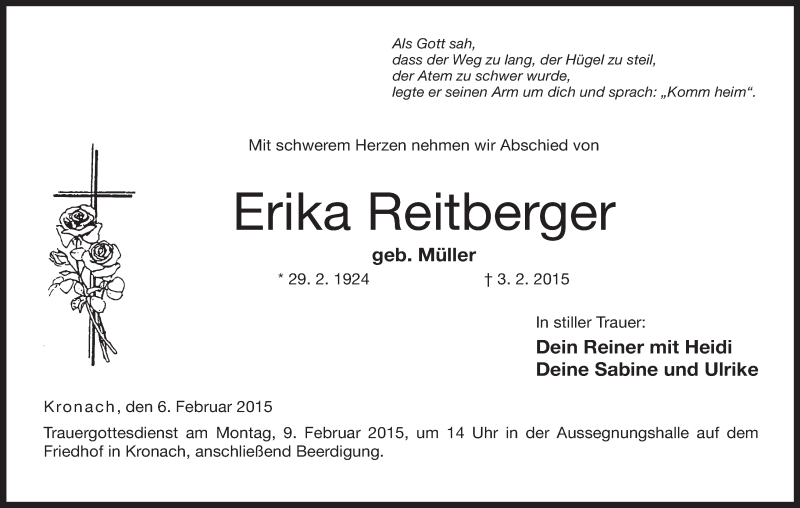  Traueranzeige für Erika Reitberger vom 06.02.2015 aus MGO
