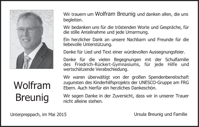  Traueranzeige für Wolfram Breunig vom 20.05.2015 aus MGO