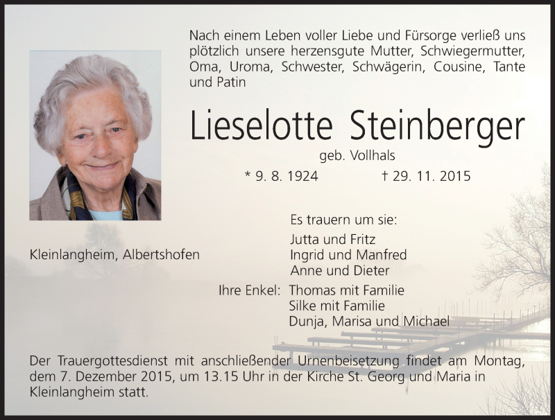  Traueranzeige für Lieselotte Steinberger vom 04.12.2015 aus MGO