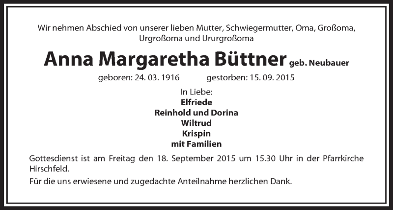  Traueranzeige für Anna Margaretha Büttne vom 18.09.2015 aus MGO