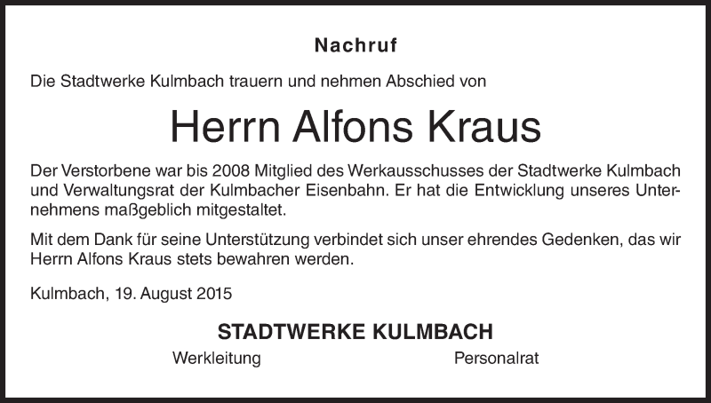  Traueranzeige für Alfons Kraus vom 19.08.2015 aus MGO