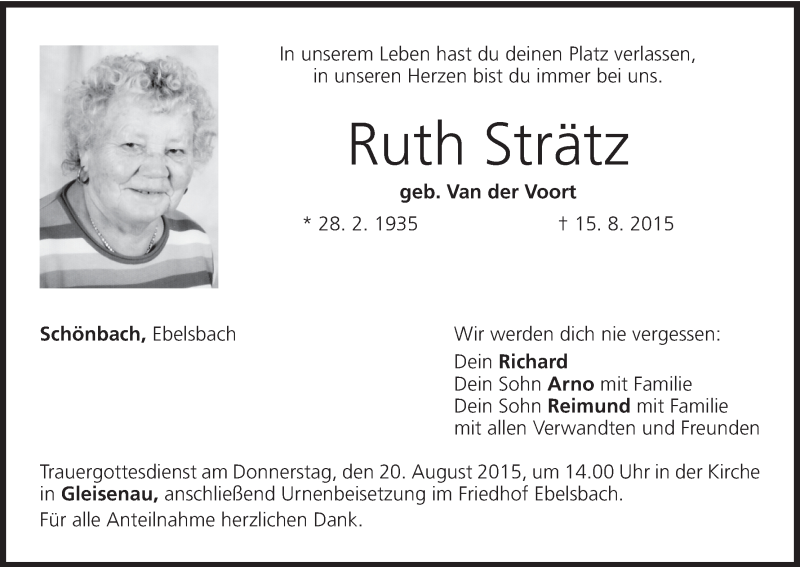  Traueranzeige für Ruth Strätz vom 18.08.2015 aus MGO