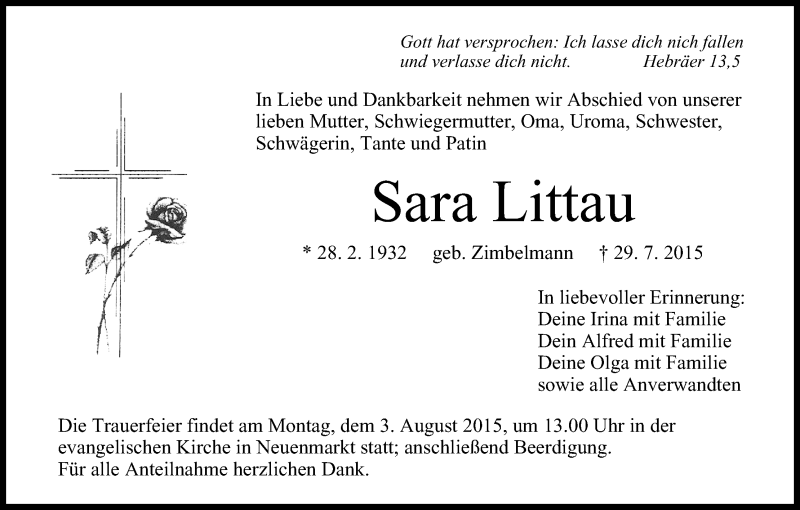  Traueranzeige für Sara Liftau vom 31.07.2015 aus MGO