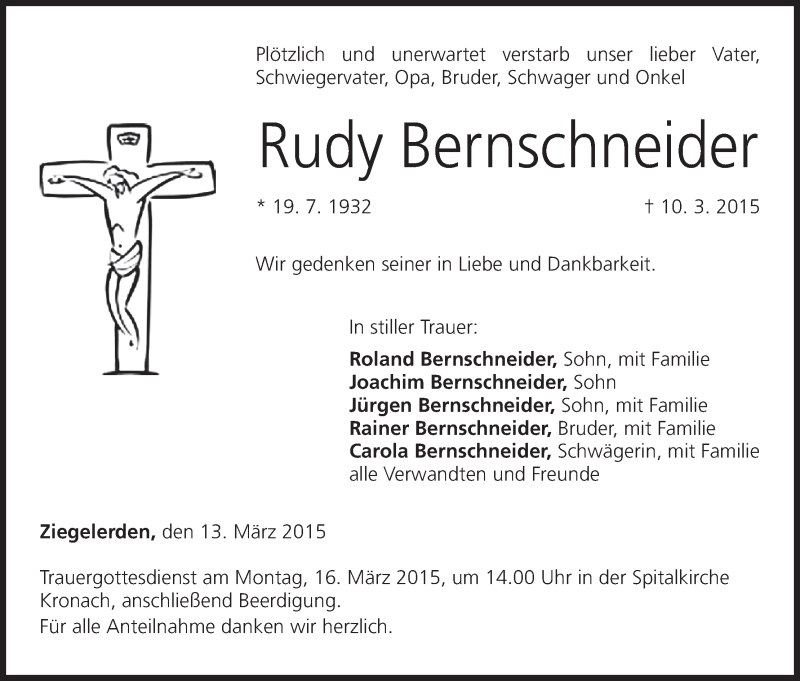  Traueranzeige für Rudy Bernschneider vom 13.03.2015 aus MGO