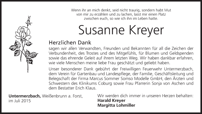  Traueranzeige für Susanne Kreyer vom 18.07.2015 aus MGO