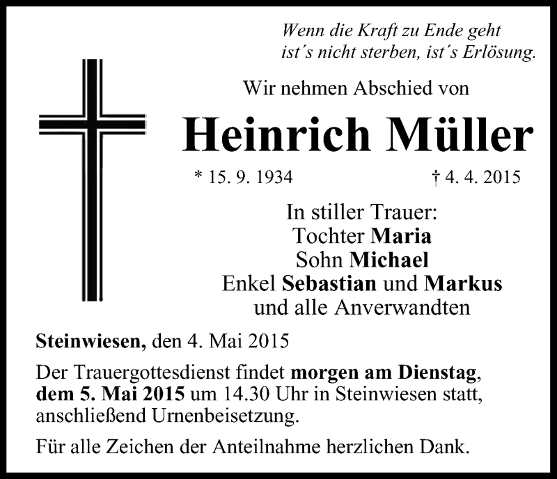  Traueranzeige für Heinrich Müller vom 04.05.2015 aus MGO