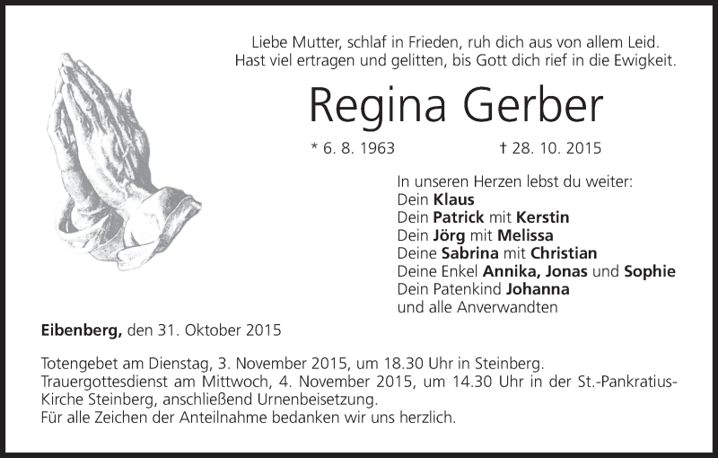  Traueranzeige für Regina Gerber vom 31.10.2015 aus MGO