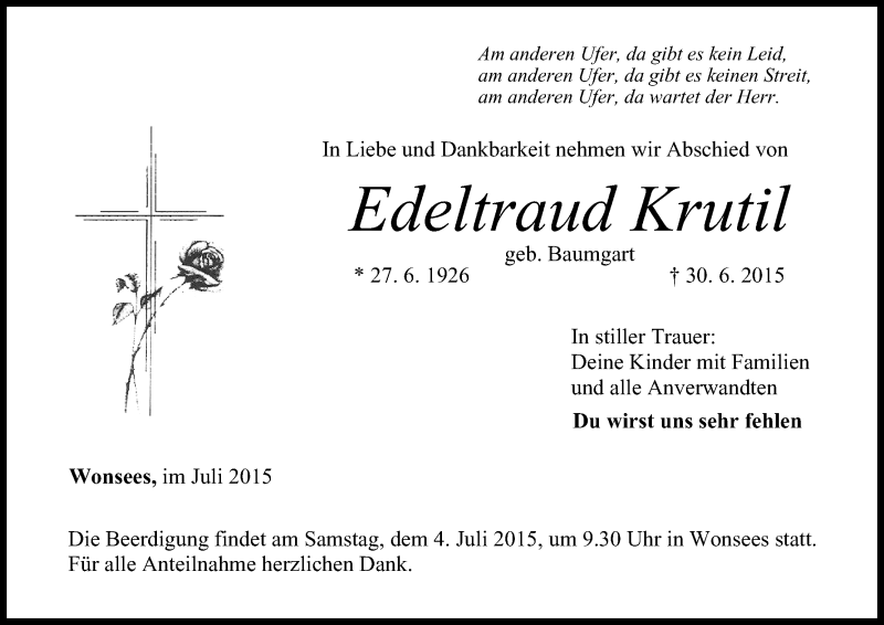  Traueranzeige für Edeltraud Krutil vom 02.07.2015 aus MGO
