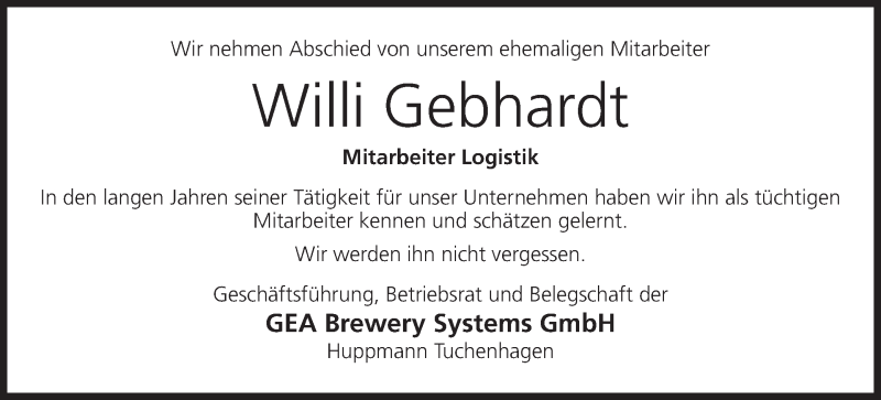  Traueranzeige für Willi Gebhardt vom 20.08.2015 aus MGO