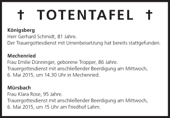 Anzeige von Totentafel 05.05.2015 von MGO