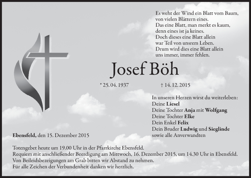  Traueranzeige für Josef Böh vom 15.12.2015 aus MGO