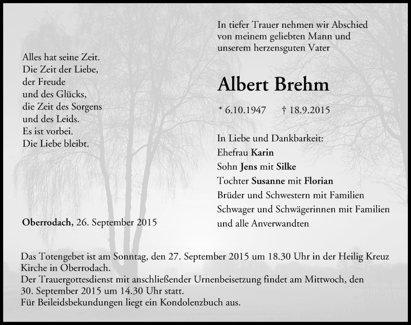  Traueranzeige für Albert Brehm vom 26.09.2015 aus MGO