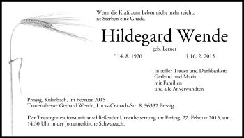 Anzeige von Hildegard Wende von MGO