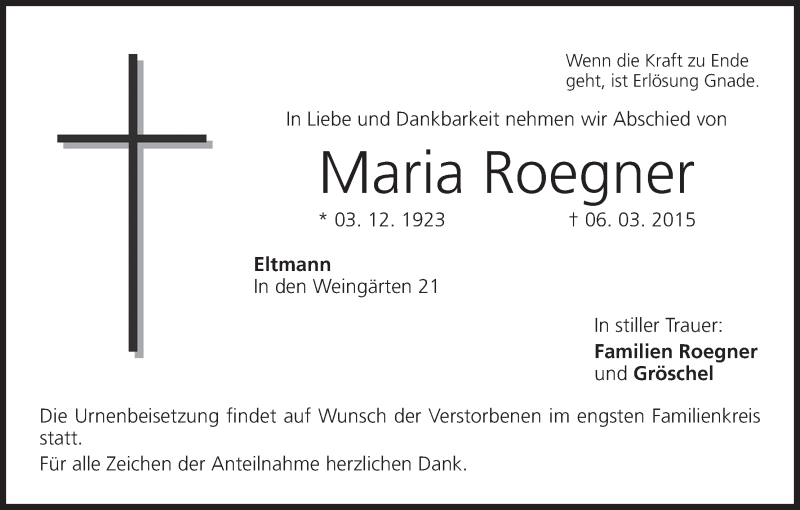  Traueranzeige für Maria Roegner vom 19.03.2015 aus MGO