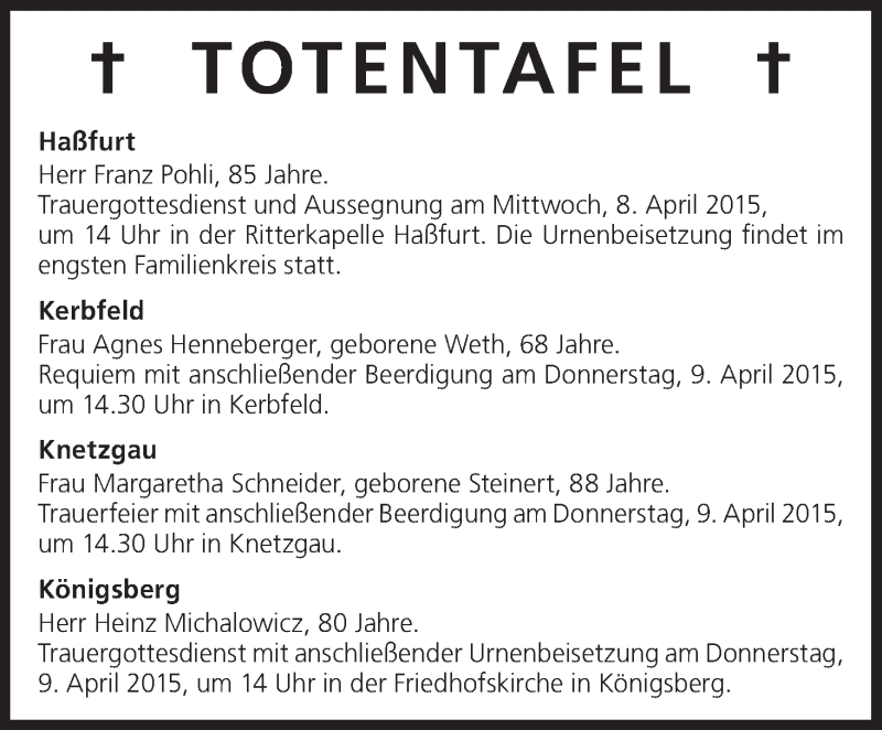  Traueranzeige für Totentafel vom 08.04.2015 vom 08.04.2015 aus MGO