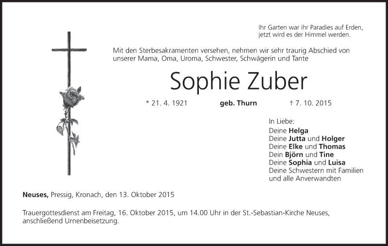  Traueranzeige für Sophie Zuber vom 13.10.2015 aus MGO
