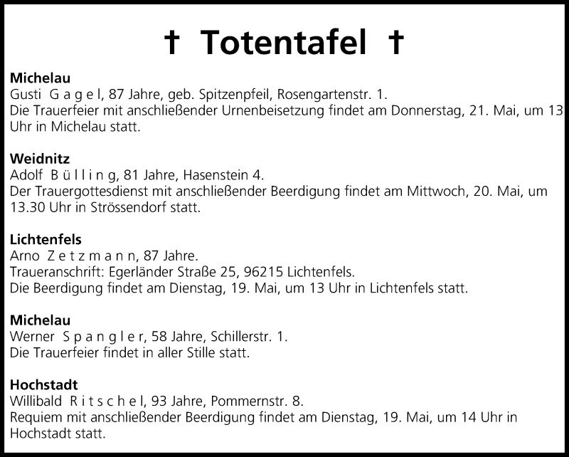  Traueranzeige für Totentafel vom 19.05.2015 vom 19.05.2015 aus MGO