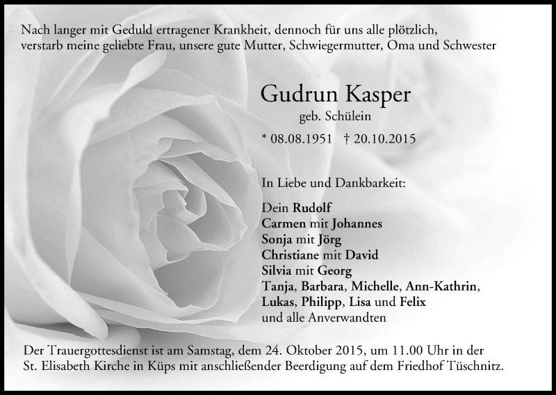  Traueranzeige für Gudrun Kasper vom 22.10.2015 aus MGO