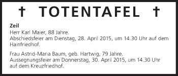 Anzeige von Totentafel vom 28.04.2015 von MGO