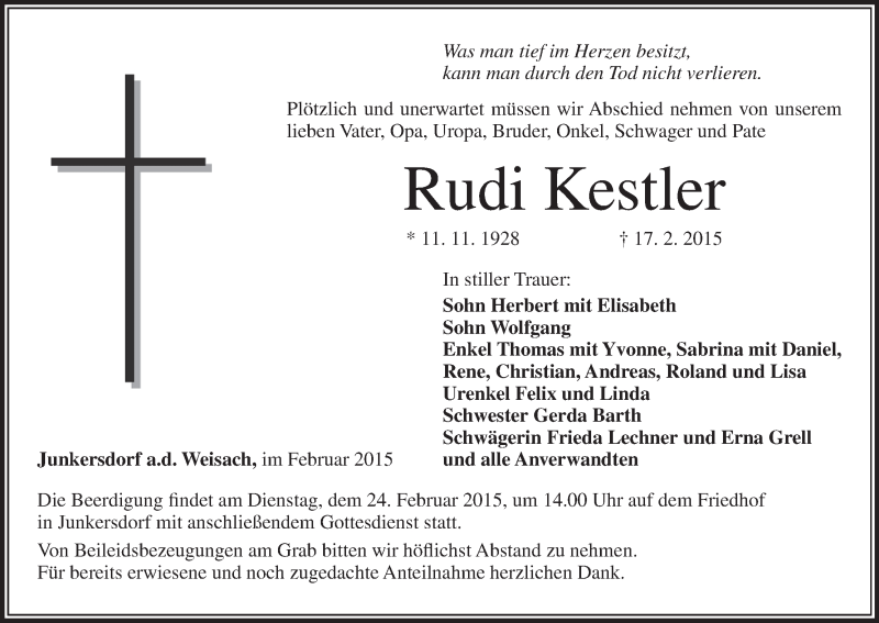  Traueranzeige für Rudi Kestler vom 21.02.2015 aus MGO