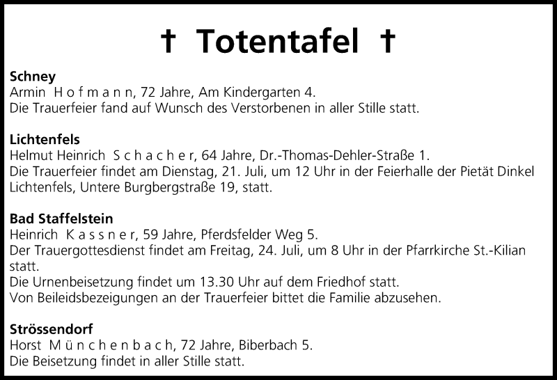  Traueranzeige für Totentafel  vom 21.07.2015 vom 21.07.2015 aus MGO