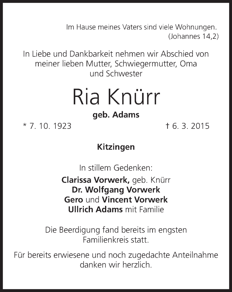  Traueranzeige für Ria Knürr vom 21.03.2015 aus MGO