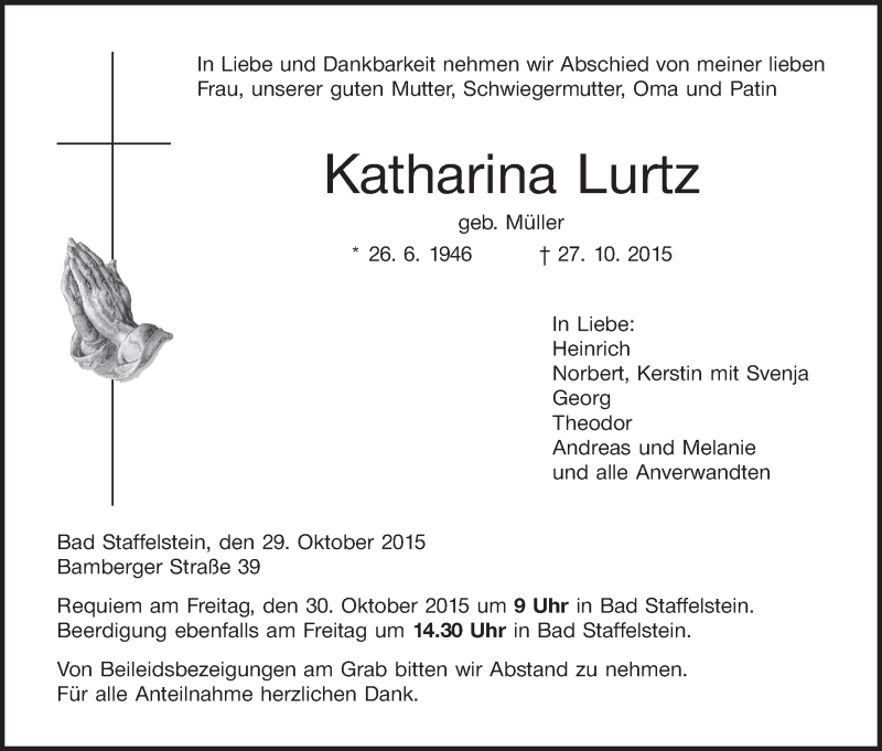  Traueranzeige für Katharina Lurtz vom 29.10.2015 aus MGO