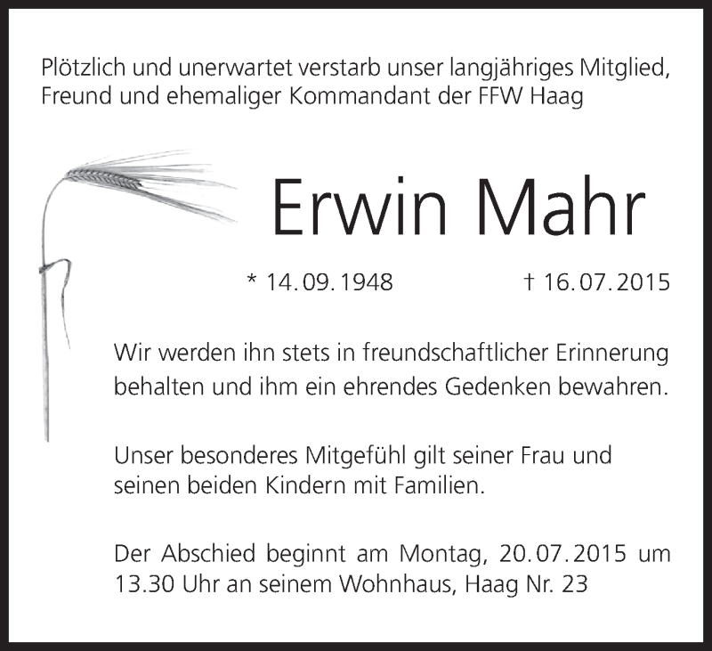  Traueranzeige für Erwin Mahr vom 20.07.2015 aus MGO