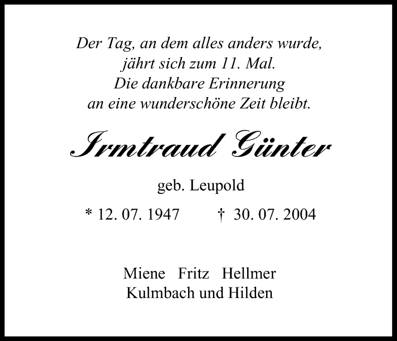  Traueranzeige für Irmtardi Günter vom 30.07.2015 aus MGO