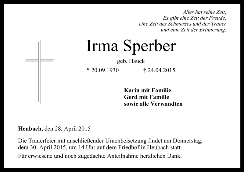  Traueranzeige für Irma Sperber vom 28.04.2015 aus MGO
