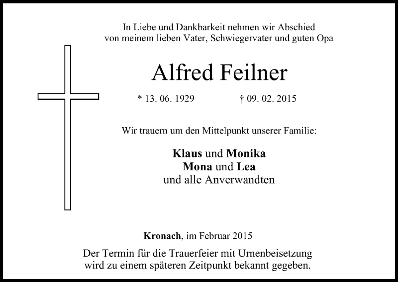  Traueranzeige für Alfred Feilner vom 11.02.2015 aus MGO