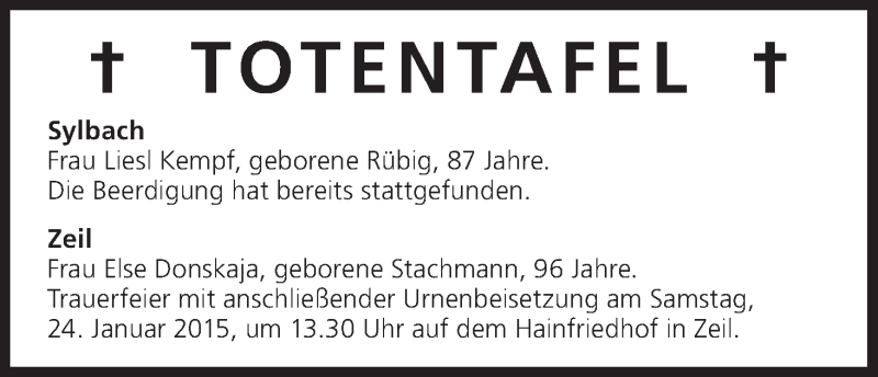  Traueranzeige für Totentafel vom 23.01.2015 vom 23.01.2015 aus MGO