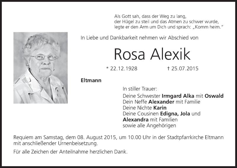  Traueranzeige für Rosa Alexik vom 06.08.2015 aus MGO