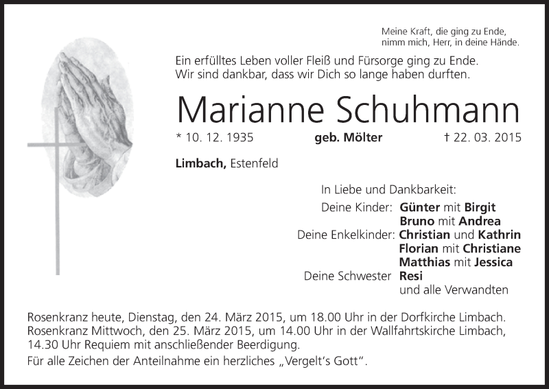  Traueranzeige für Marianne Schuhmann vom 24.03.2015 aus MGO