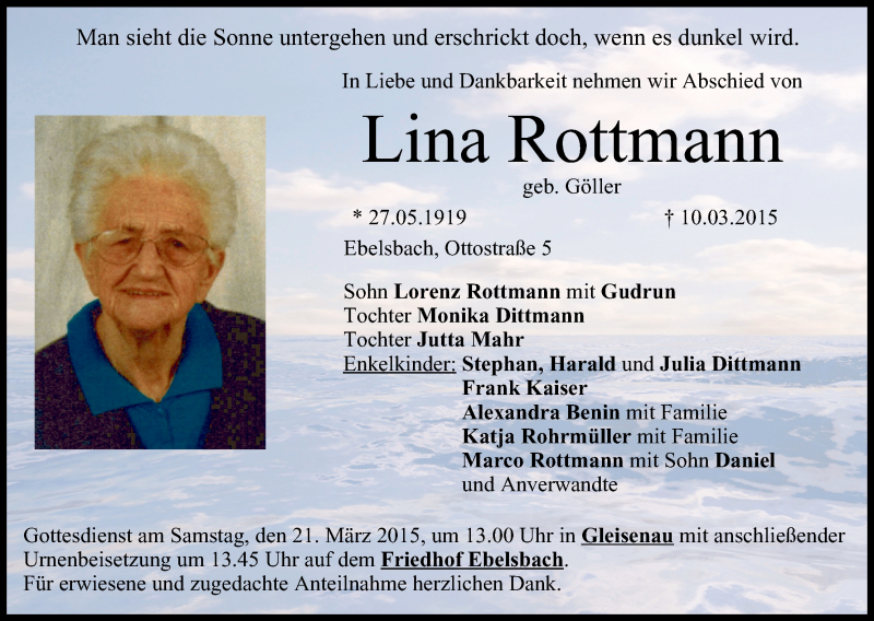  Traueranzeige für Lina Rottmann vom 18.03.2015 aus MGO