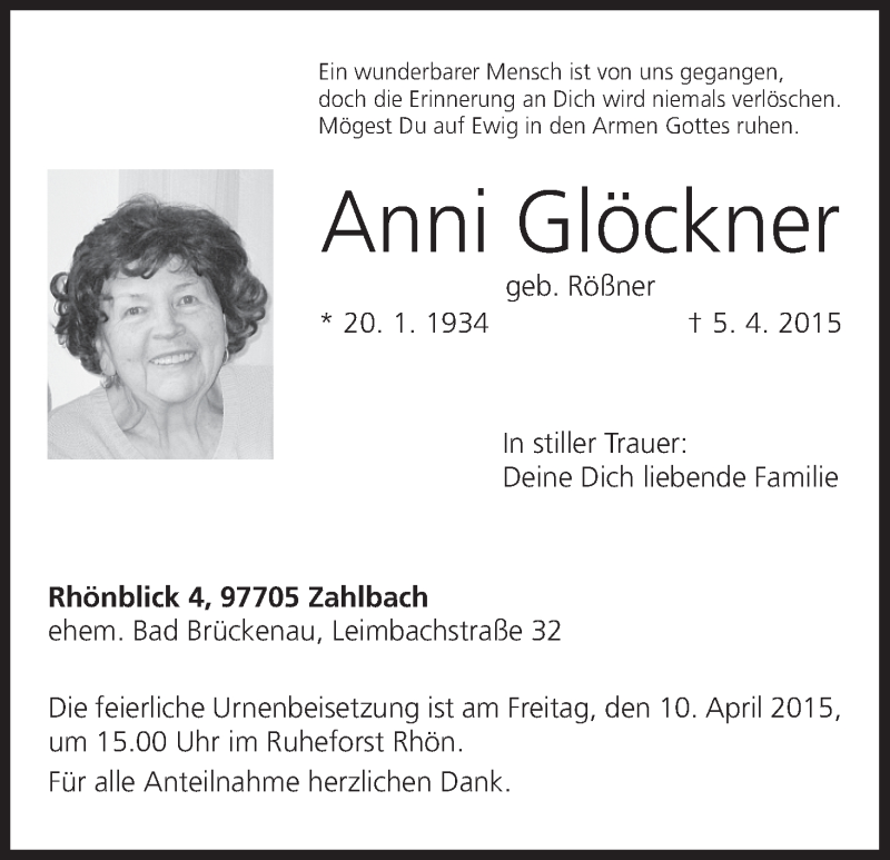 Anni Glöckner | Traueranzeige | trauer.inFranken.de