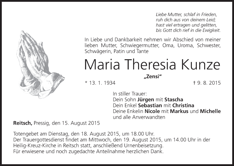  Traueranzeige für Maria Theresia Kunze vom 15.08.2015 aus MGO