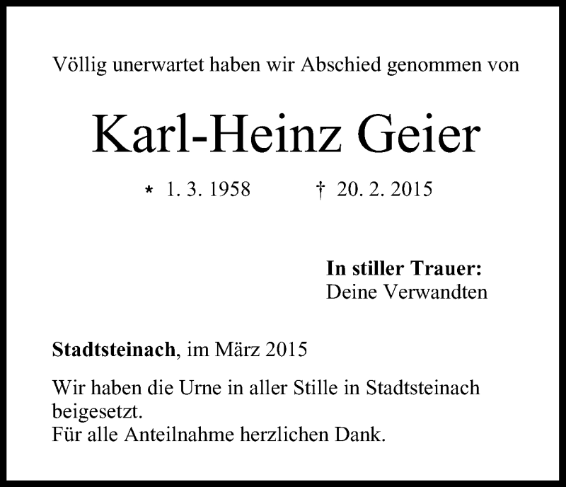 Karl-Heinz Geier | Traueranzeige | trauer.inFranken.de