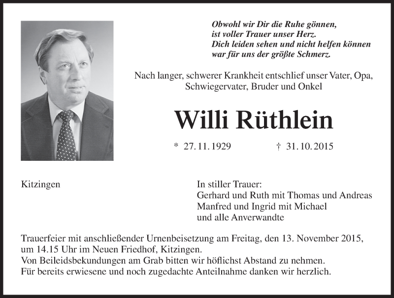  Traueranzeige für Willi Rüthlein vom 11.11.2015 aus MGO