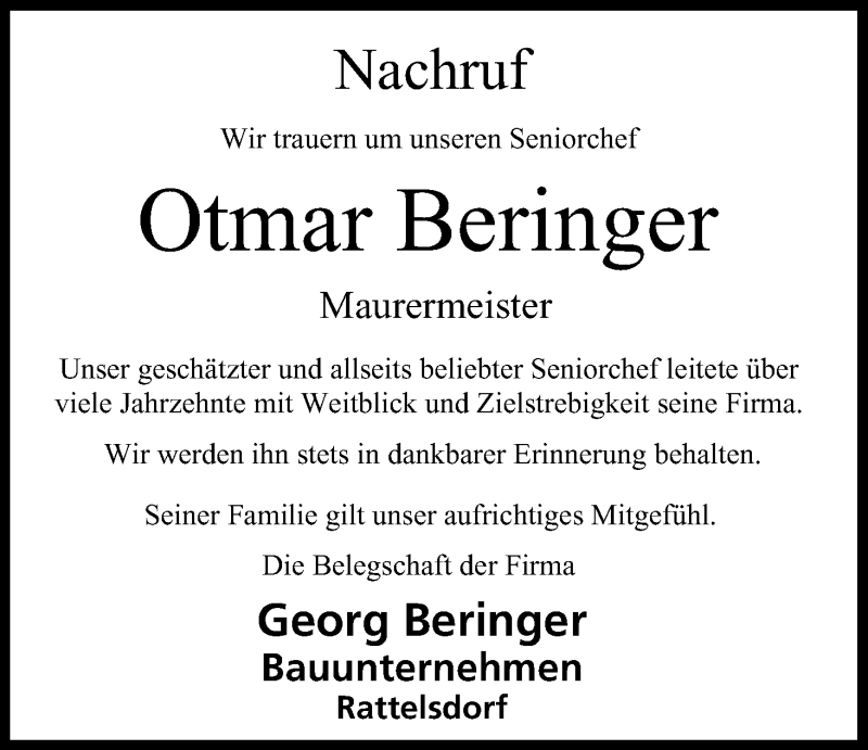 Traueranzeige für Otmar Beringer vom 27.02.2015 aus MGO