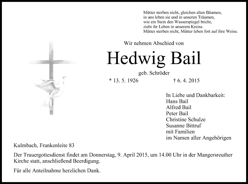  Traueranzeige für Hedwig Bail vom 08.04.2015 aus MGO