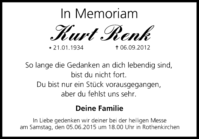  Traueranzeige für Kurt Renk vom 05.09.2015 aus MGO