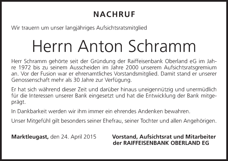  Traueranzeige für Anton Schramm vom 24.04.2015 aus MGO
