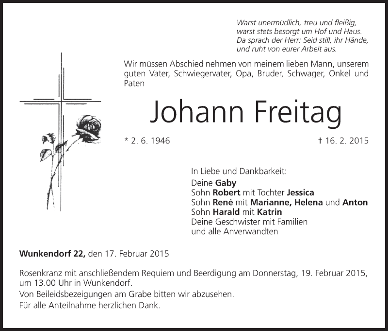  Traueranzeige für Johann Freitag vom 17.02.2015 aus MGO