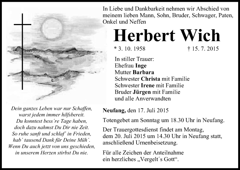  Traueranzeige für Herbert Wich vom 17.07.2015 aus MGO