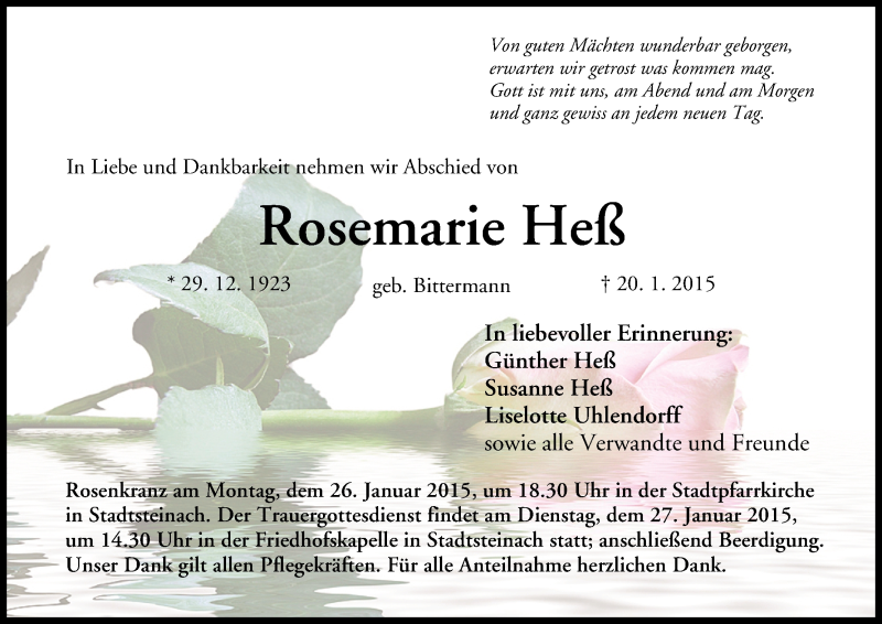  Traueranzeige für Rosemarie Heß vom 24.01.2015 aus MGO