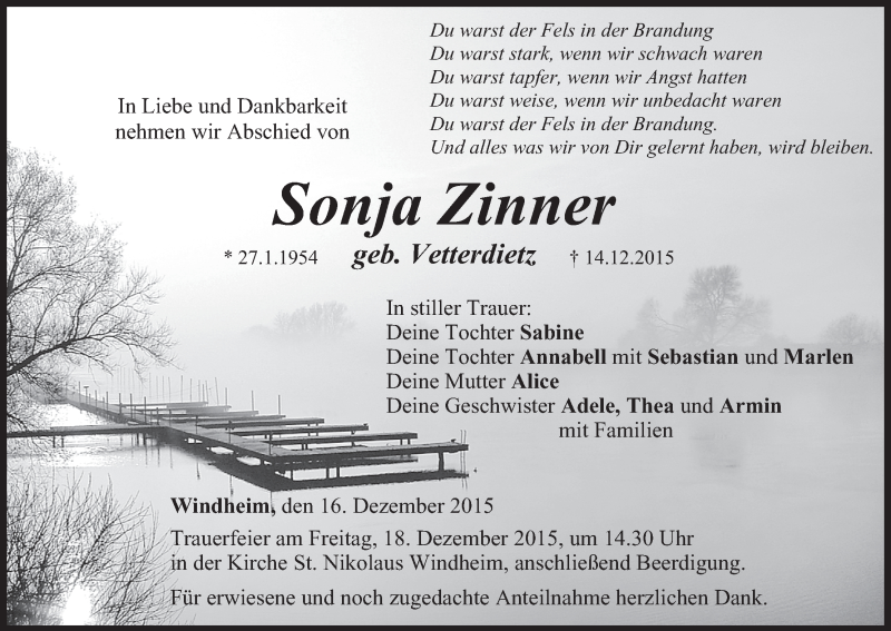  Traueranzeige für Sonja Zinner vom 16.12.2015 aus MGO