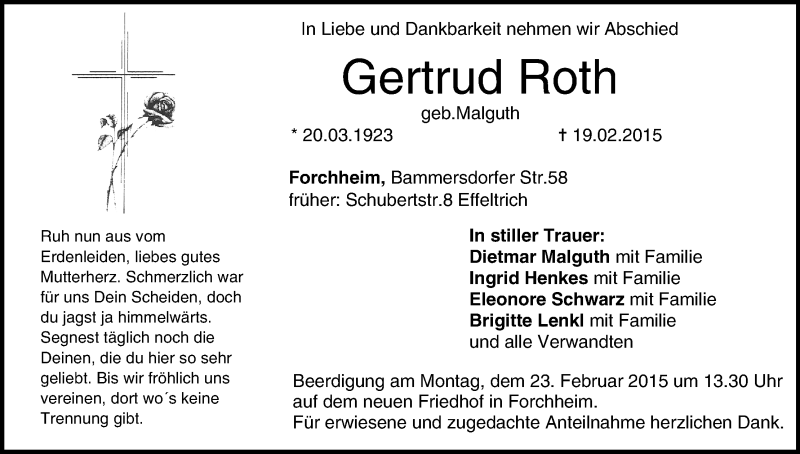  Traueranzeige für Gertrud Roth vom 21.02.2015 aus MGO